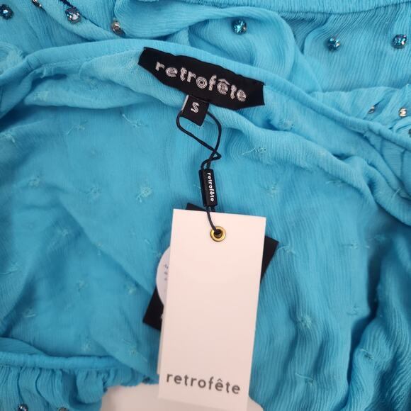 Retrofete Lennon Embellished Silk Chiffon Dress in Blue Size Small NWT Crystal - Picture 9 of 11